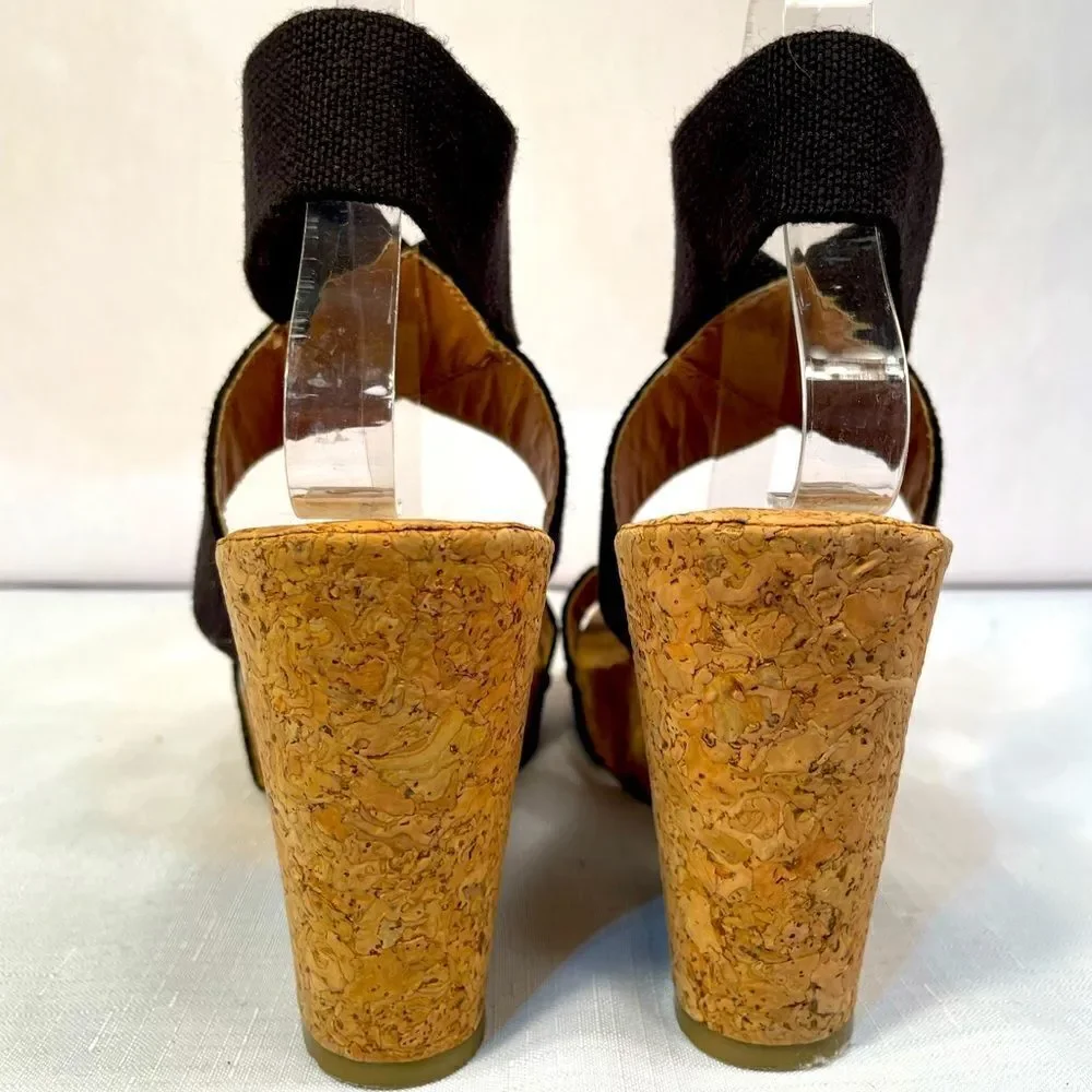 LUCKY BRAND 4” CORK WEDGE ANKLE STRAP IN BLACK SIZE 9.5 GUC